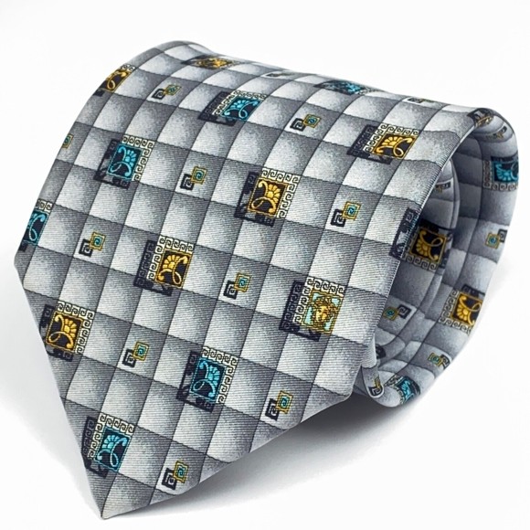 GIANNI VERSACE Vintage 90s Tie Baroque Flower Medusa Grey Squares Plaid Necktie - Picture 2 of 12
